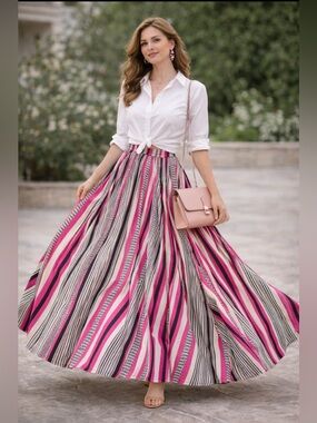LUCKY & COCO Striped Pink and Black Maxi Skirt